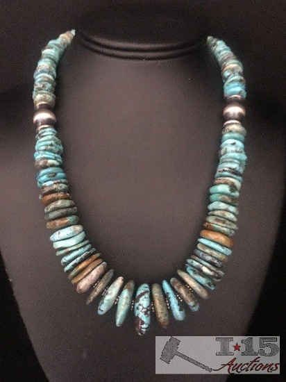 Native American Sterling Silver Graduated Turquoise Bead Necklace.
