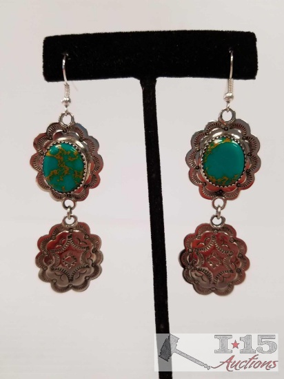Native American Sterling Silver Turquoise Earrings 2 inches long