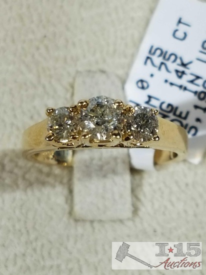 Size 7 - 0.75 carat 3 stone diamond engagement anniversary ring set in 14 kt. yellow gold