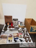 Wood box with vintage tools, compass, origins of baseball cards, key blanks, keys, vintage