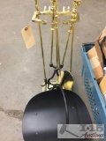 Brass fire place tools and wood carrier