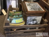 Assorted western photos with frames, assorted western magazines and a crate