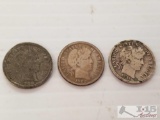 3 Silver Barber dimes: 1900, 1902, 1911