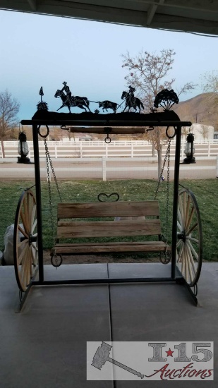 Western Themed Swing with Wagon Wheels, Lanterns, Horseshoes, and More