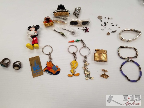 Costume jewelry, hair clips, rings, Disney, Warner Brothers