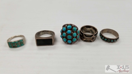 5 Rings, 3 with Turquoise Stones. All Appear to be Silver