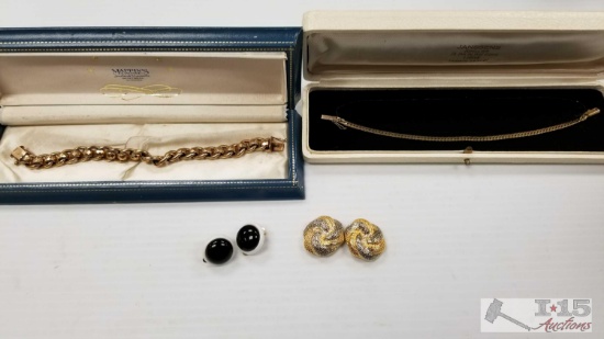 1 Pin, 2 Bracelets 1 Marked 14k gold and 2 Pairs of Earrings