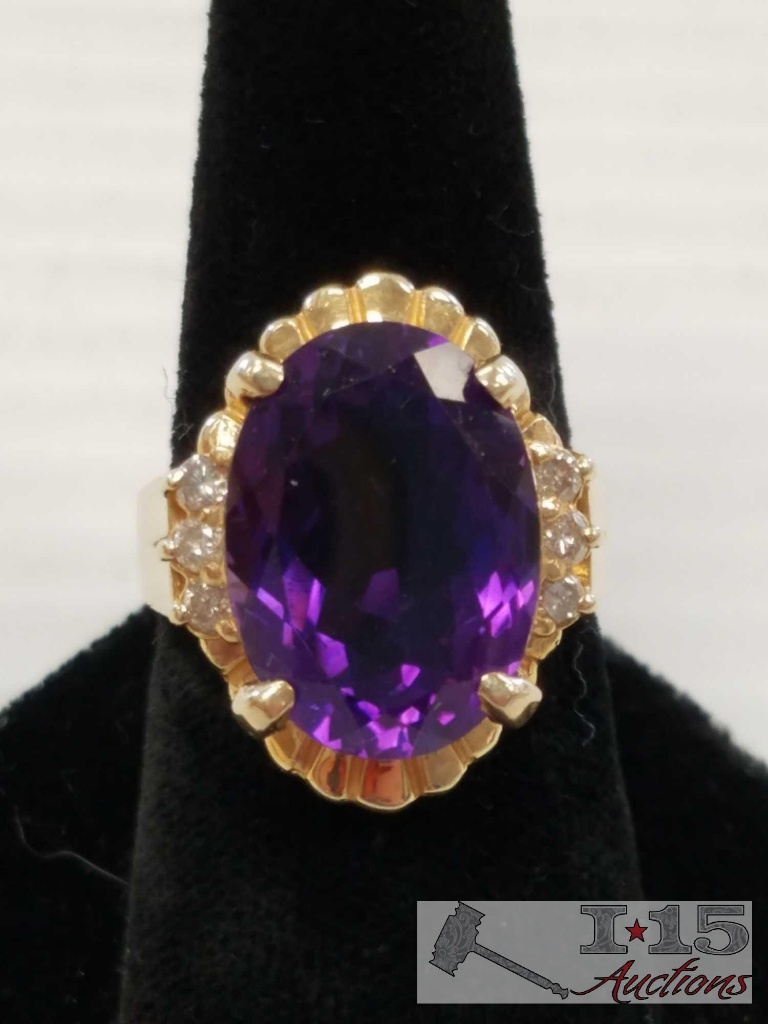 14 kt Gold Amethyst and Diamond Ring Size 8.5
