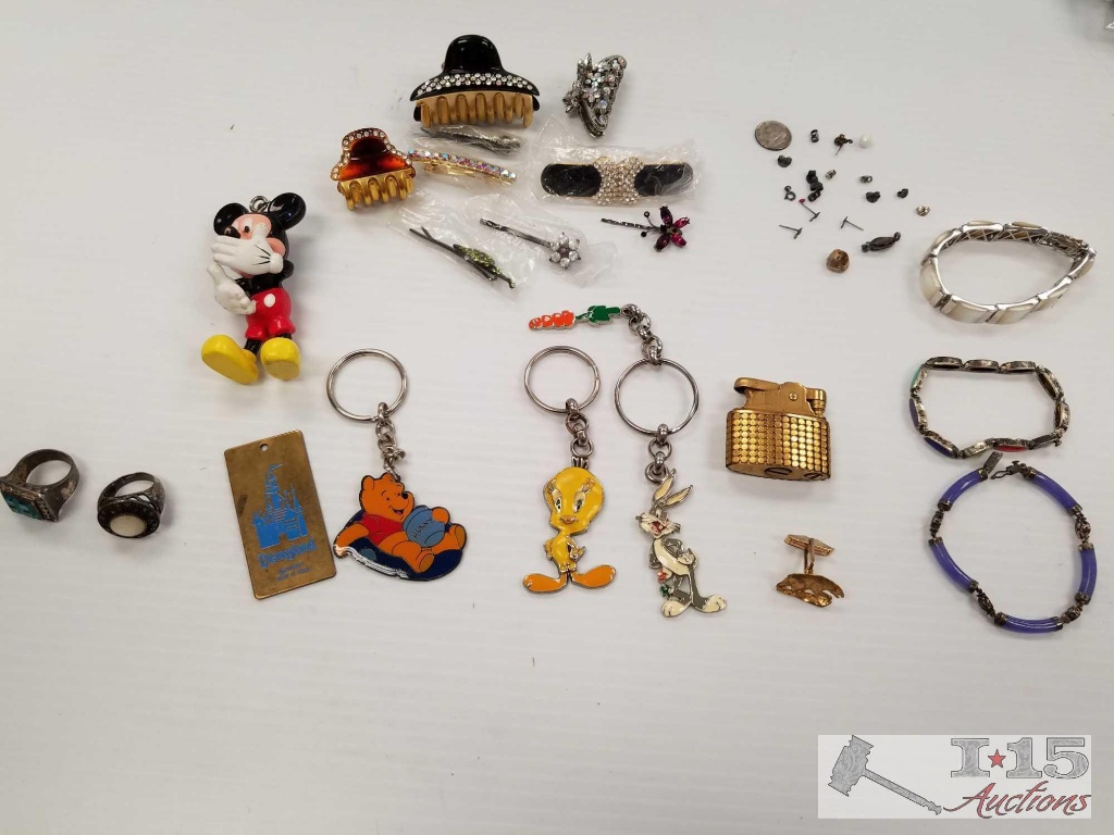 Costume jewelry, hair clips, rings, Disney, Warner Brothers