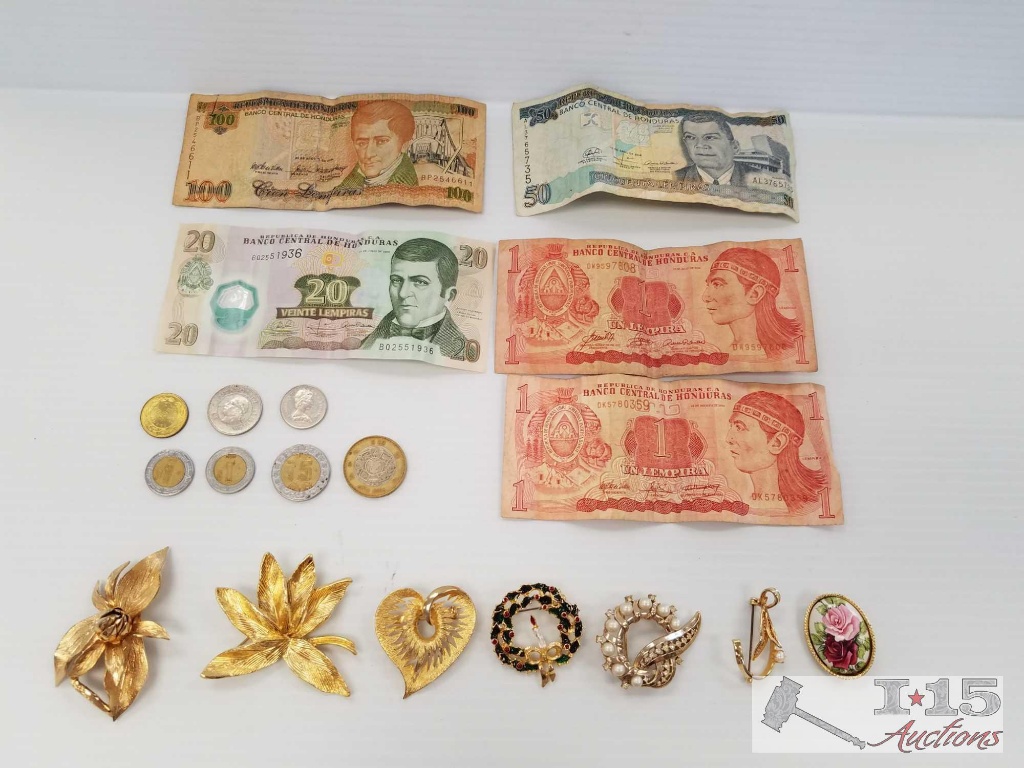 Brooches and Honduras currency and Mexican coins