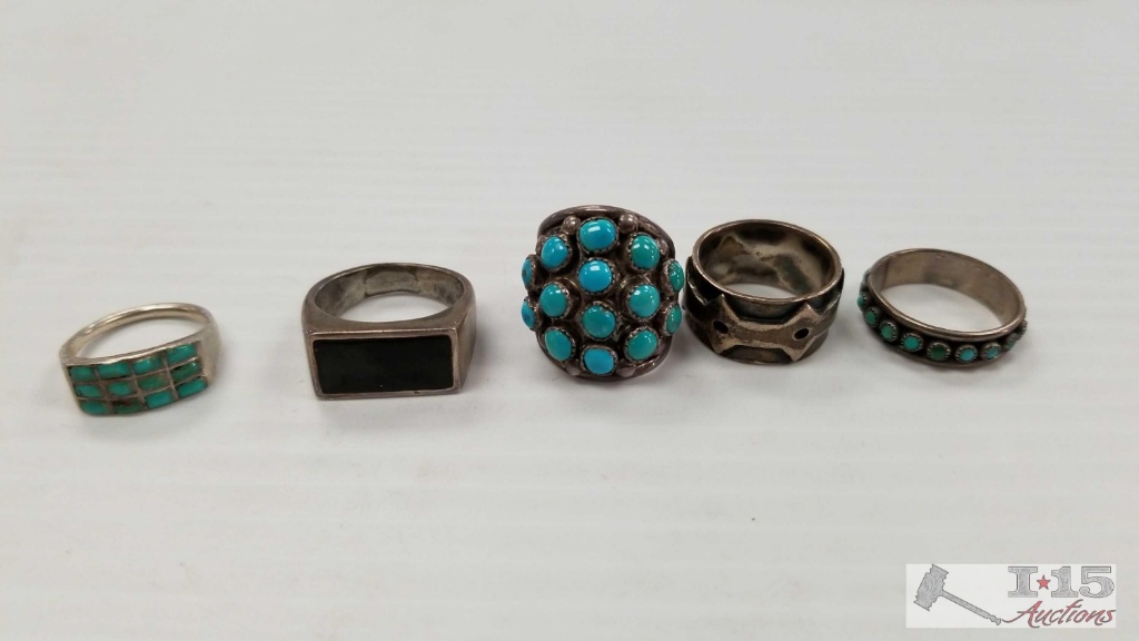 5 Rings, 3 with Turquoise Stones. All Appear to be Silver