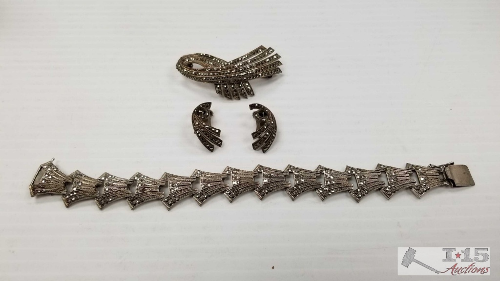 Matching Sterling Silver Bracelet, Earring, and Pin