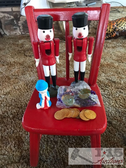 Little wooden red chair, 2 wooden nutcrackers and more