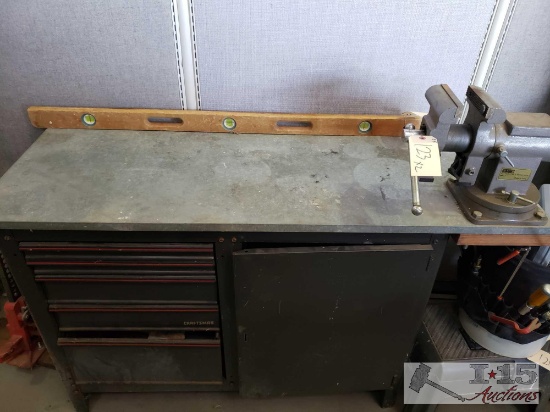 Craftsman Work Bench with Larin Bench Vise and a Wooden Level