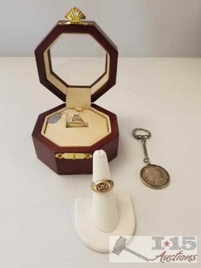 10k Gold Diamond Ring, Zales Platinum Ring, and Silver Half Dollar Keychain