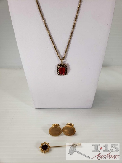 1/20 12k Gold Necklace with Pendants, Cufflinks, and Pin