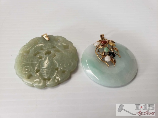 2 Stone Necklace Pendants. 1 Jade and the Other Marked 14K