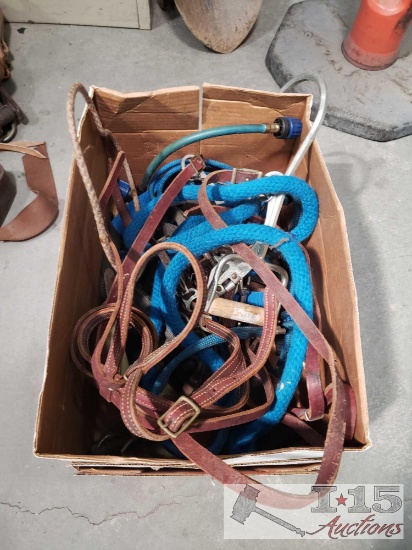 Box of Horse Tack, Hay Hook and Other Misc. Items