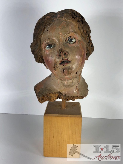 18th Century Santos Cage Doll Italian Carved Wood Polychrome Female Head