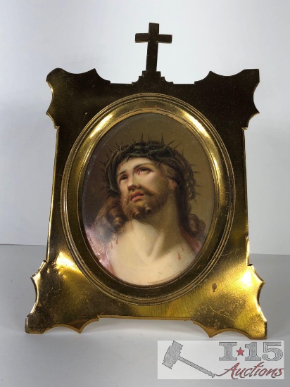 19th C. Berlin Hand-Painted K.P.M. Plaque Depicting Jesus Christ with Gilded Brass Frame