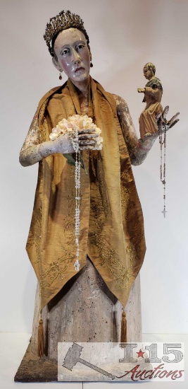 19th. Century Religious Polychromed Sculpture "Made in Mexco" with .925 Silver Markings 48 inch Tall