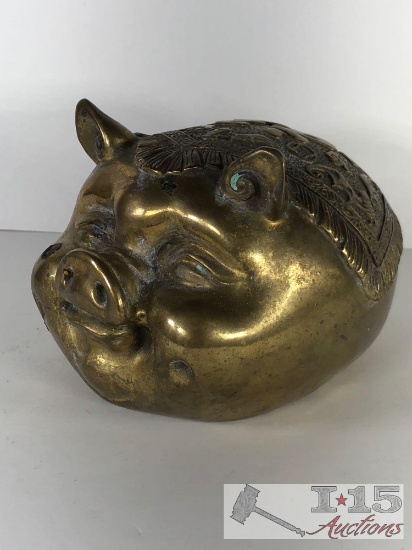 7 inch Chinese Brass Copper Refined Carved Lucy Coined Money Pig Statuary Statue