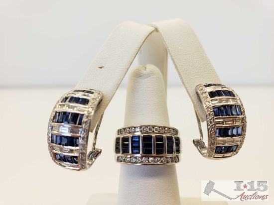 18k White Gold Ring with Diamonds and Sapphires. Matching 14k White Gold Earrings with Diamonds and