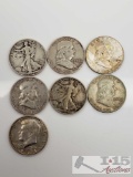 7 Silver Half Dollars Waling Liberty, Franklin, and Kennedy