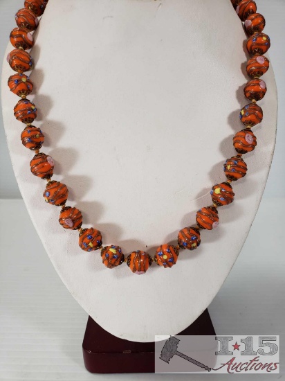 Painted Orange Beaded Necklace