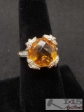 Approx. 5 Ct. Citrine Stone Set in Diamonds 14k Gold Ring
