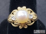 14k Gold Ring with Diamonds and Pearl