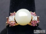 14k Gold Ring with 2 Diamonds and Fresh Water Pearl