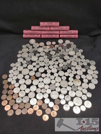 9 Rolls of Canadian Pennys, a Bag of Canadian Coins 1967 and Earlier 700g of 80%