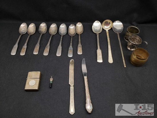 Silver Plated Bicentalenial Spoons, Serving Spoons, knifes, a Lighter Casing and other Decorative