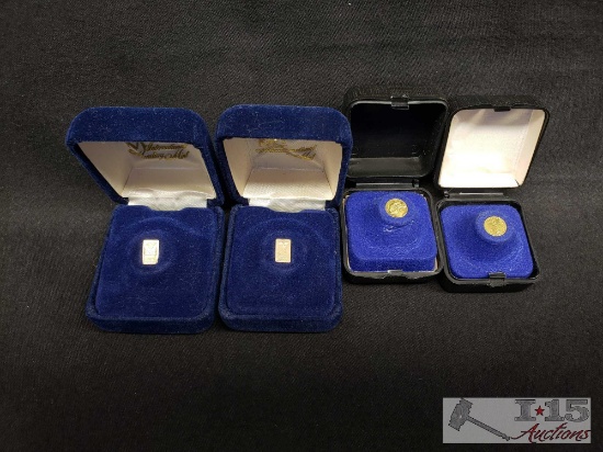 Two 22k Gold Miniature Replica 20 Dollar U.S. Coins and Two 14k Gold Miniature Replica Ingots