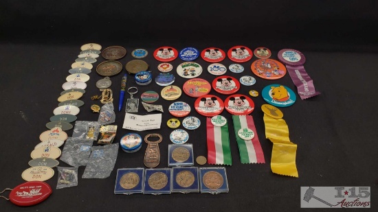 Disney Name Tags, Commemorative Medals, Buttons, a Bottle Opener, Ribbons, Coasters and Pins