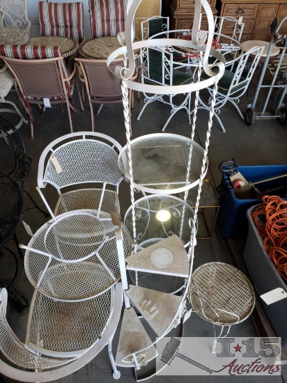 Metal Patio Furniture. 2 Chairs, Tables, and Pot Holders