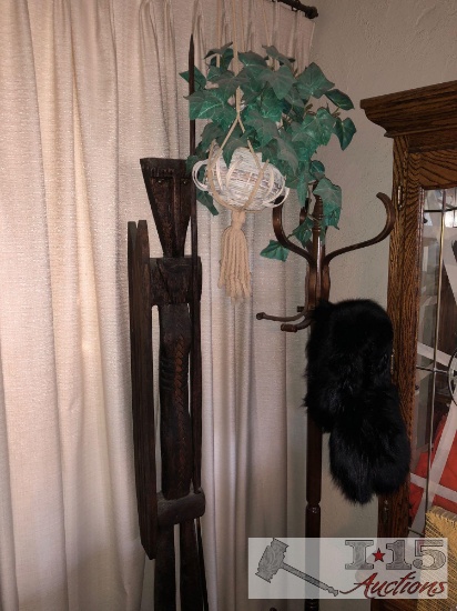 Large Wood Statue, Coat Rack and Silk Hanging Plant