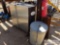 Rolling Metal Storage Cabinet, Trash Can, and Fire Extinguisher