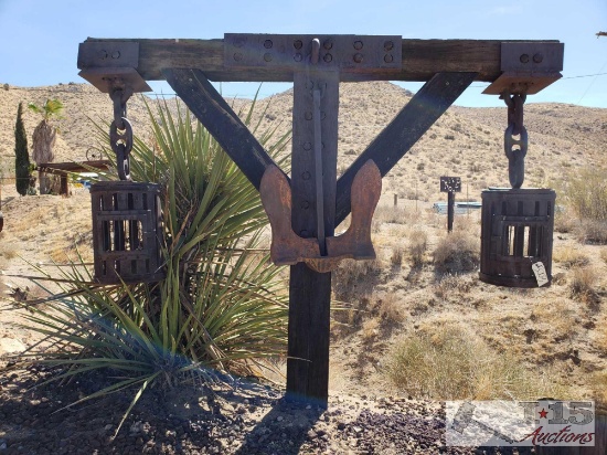 Railroad Tie Post with Metal Hanging Yard Art