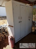 2 Wooden Locker Cabinets with New Bottles of Oil, 4 Chevy Hubcaps, Jerry Can