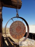 Unique Metal Yardart with Manhole Cover and Wagon Wheel
