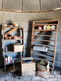 Two old shelving units with all items on them.