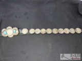 Leather Belt with Handmade Sterling Silver Buckle with Turquoise and Morgan Silver Dollars