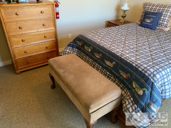Full bedroom set with two nightstands, dresser, cedar lined bench and lamps