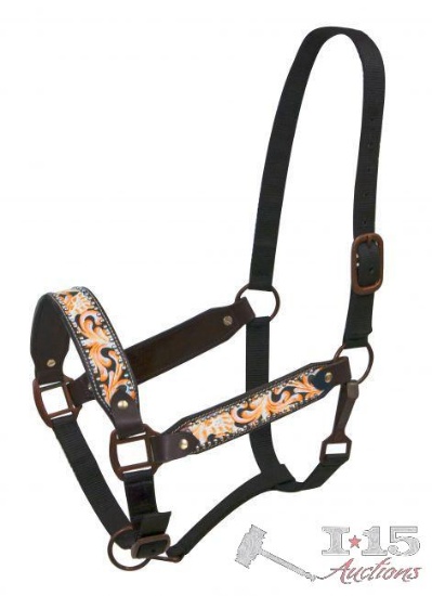 Painted filigree belt halter with antique style hardware.