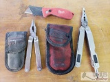 3 Utilty Knives, Milwaukee Razor, Leatherman Tool, and Coast Pro Pocket Fishing Pliers