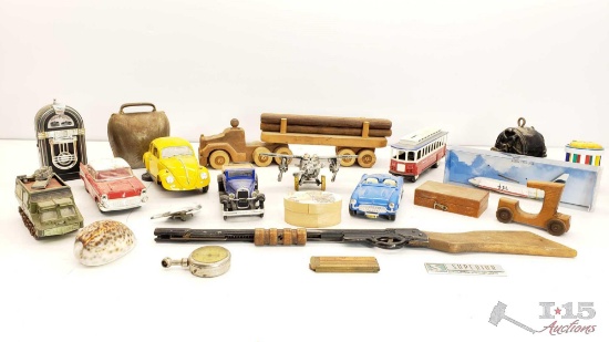 Vintage Toys, Wooden Log Truck & Trailer, Metal Replica Cars, Metal Toy Planes, Toy Rifle