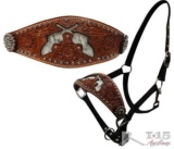 Nylon bronc halter with cut out hair on cowhide dueling guns
