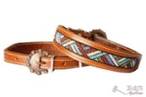 Genuine leather dog collar with beaded inlay. small 9.5